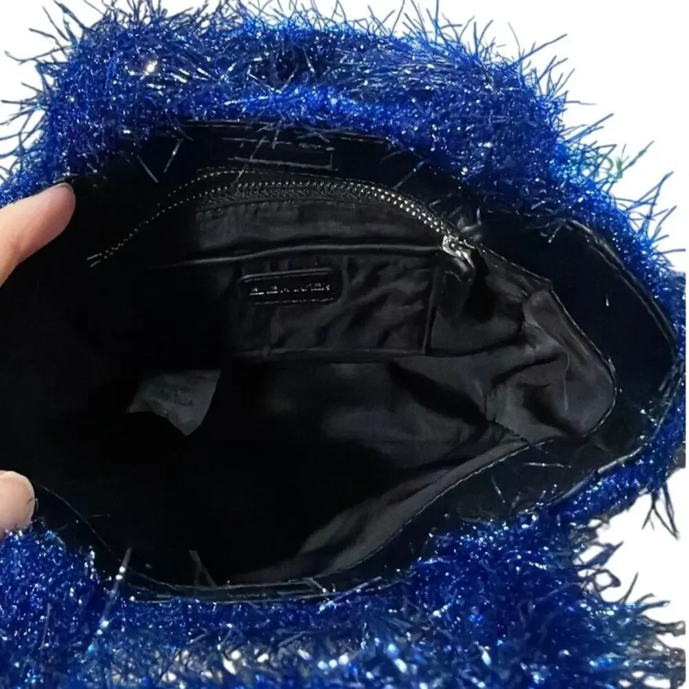 Edie Parker 'Weedie' Mini Grass Tinsel Handbag Metallic Blue New